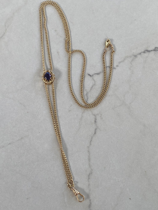 Vintage 14K Gold Long Curb Chain Necklace w/ Sliding Amethyst Diamond Pendant – 33”