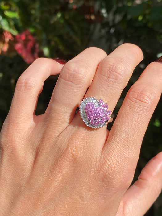 18k white gold invisible set pink sapphire heart diamond ring size 6