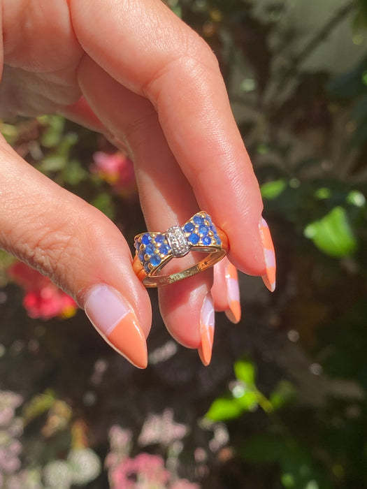 18k blue sapphire diamond bow ring size 6.5