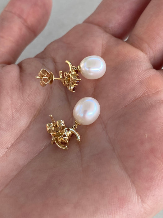 14K Gold Pink Topaz, Diamond & Pearl Drop Earrings