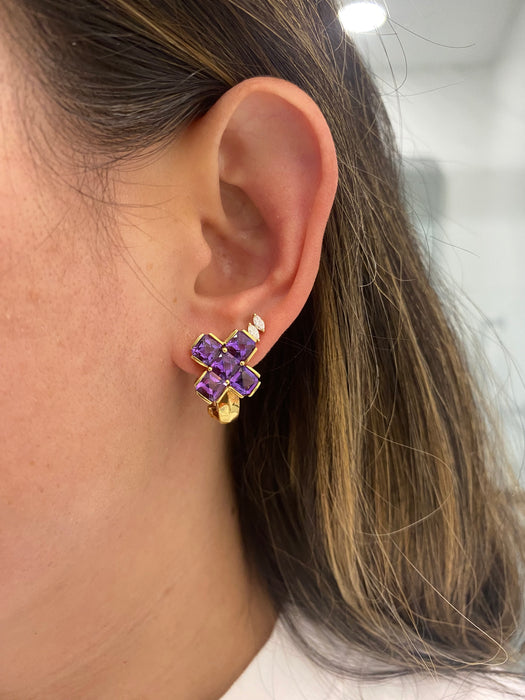 Vintage 14K Gold Checkerboard Cut Amethyst Omega Back Earrings
