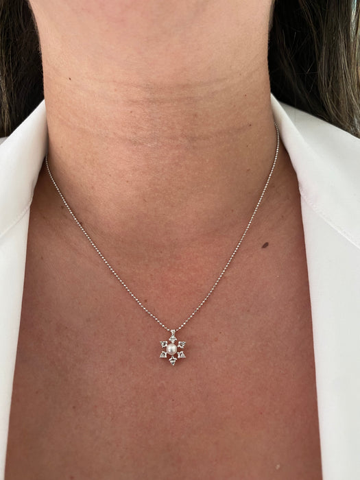 14k white gold snowflake diamond pearl necklace