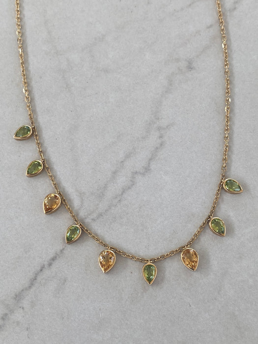 14K Solid Gold Peridot & Citrine Station Chain Necklace