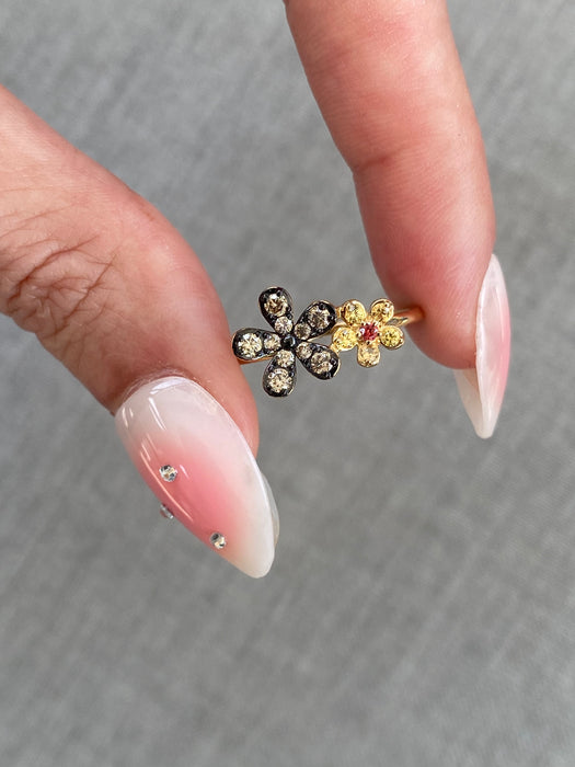 14K Champagne Diamond & Sapphire Floral Ring