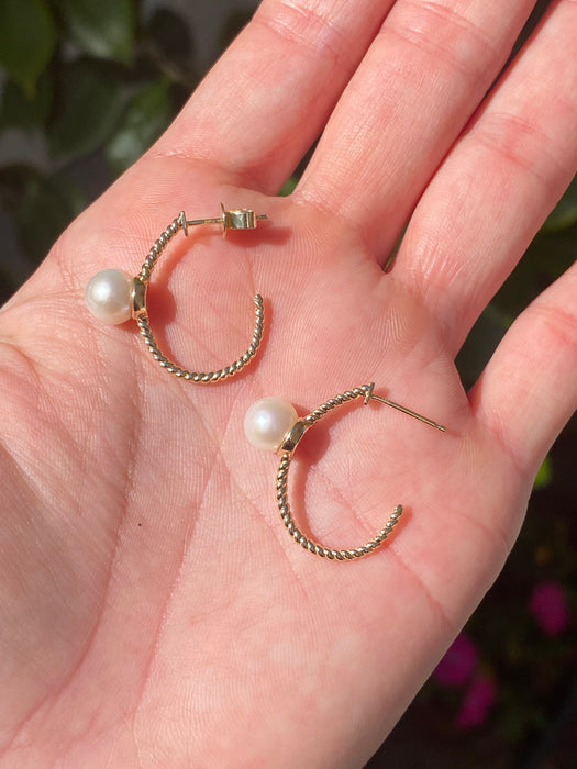 14k twist croissant freshwater pearl j hoop earrings