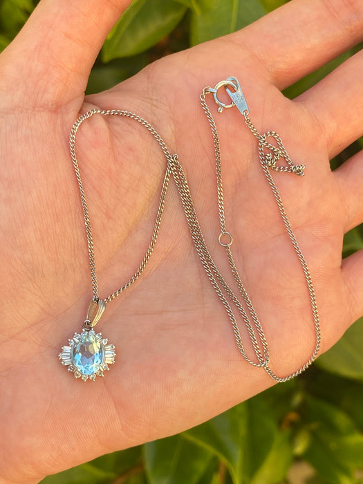 Platinum ballerina aquamarine and diamond pendant with curb chain 14.75-15.75”