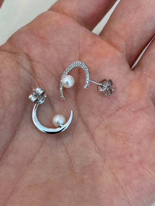 14K White Gold Diamond Crescent Moon Pearl Stud Earrings – 0.30 TCW Diamonds