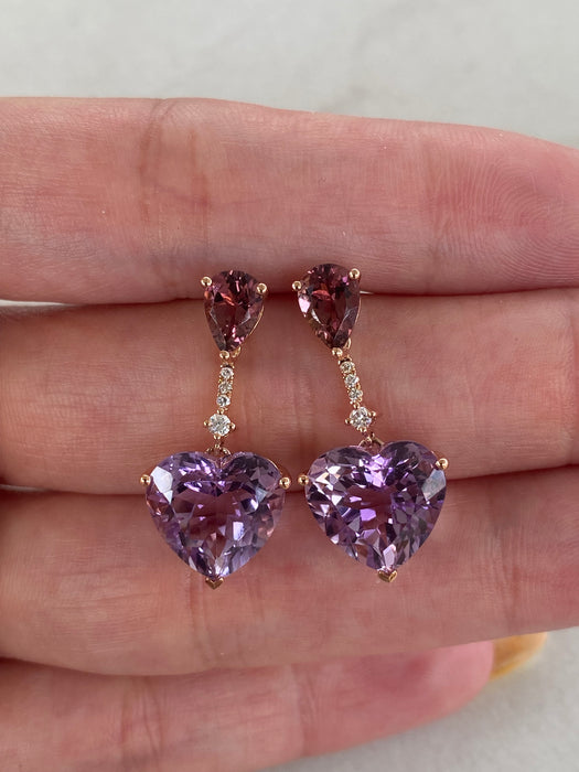 18K Rose Gold Rhodolite Garnet, Amethyst Heart & Diamond Drop Earrings