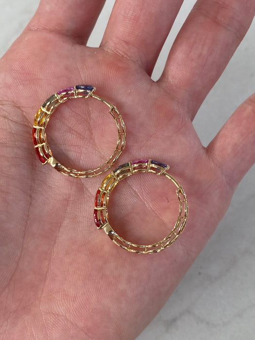 14K 6 TCW Rainbow Sapphire Oval Hoop Earrings