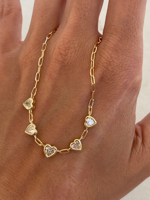 14K Gold Paperclip Necklace with 1.5 TCW Lab Diamond Heart Stations