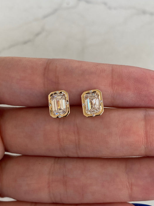 14K Gold Bezel-Set Emerald Cut Lab Diamond Stud Earrings — 2.21ctw