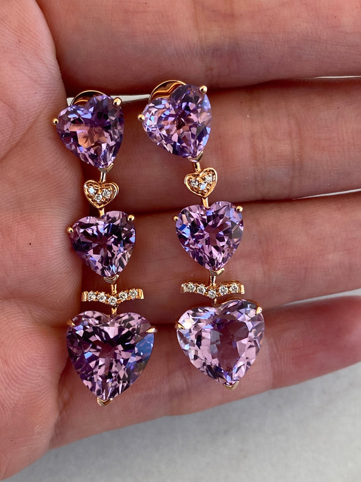 18K Rose Gold Amethyst & Diamond Heart Drop Earrings
