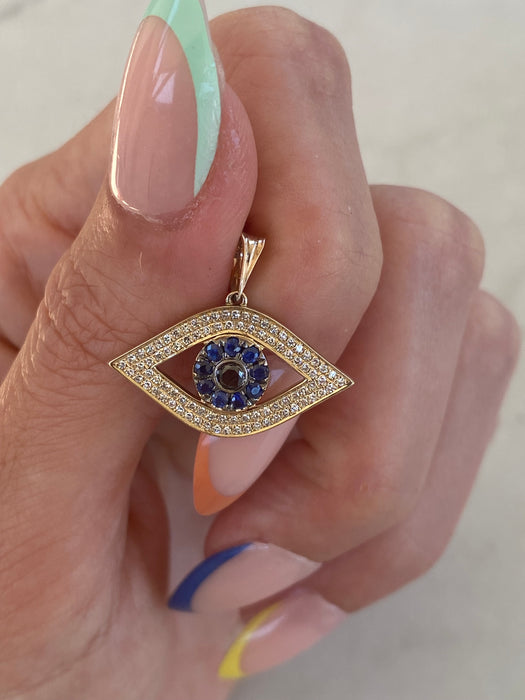 14K Gold Diamond & Sapphire Evil Eye Charm