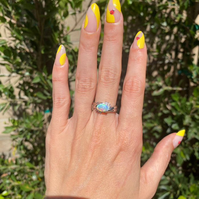 Vintage Platinum 900 Opal Diamond Ring Size 6