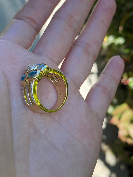 18k cabochon blue topaz diamond flower ring size 5.5