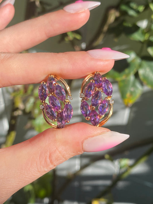 Vintage 14K Gold Marquise Amethyst & Diamond Earrings with Omega Backings