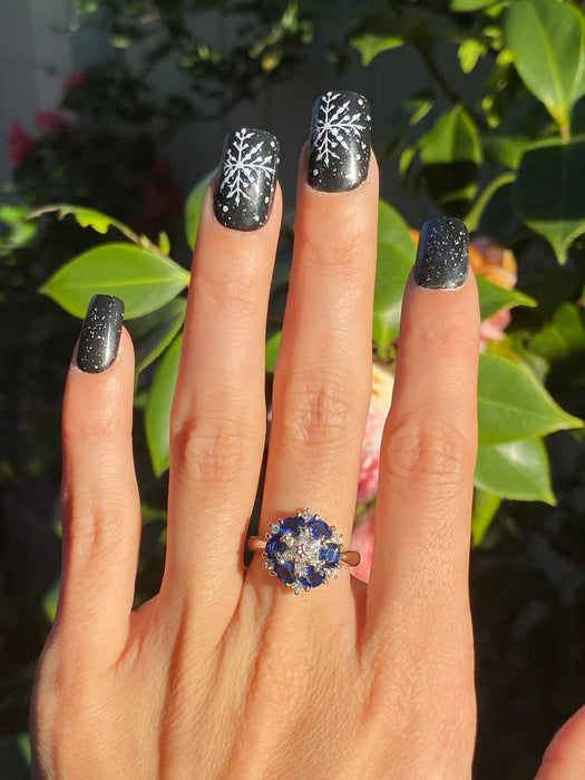 Platinum 850 blue sapphire diamond star snowflake ring size 6.5