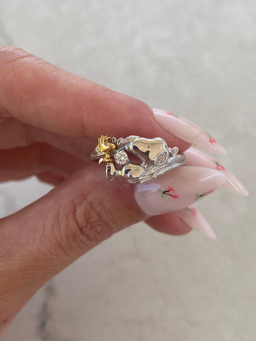 Vintage Platinum 999 Snoopy & Woodstock Ring