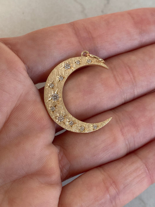 14K Brushed Diamond Crescent Moon Star Charm