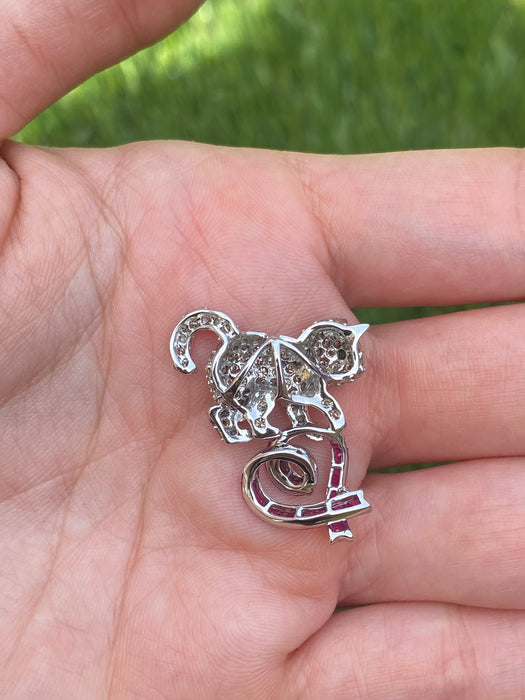 Vintage 18K White Gold Diamond & Ruby Cat Slider Charm