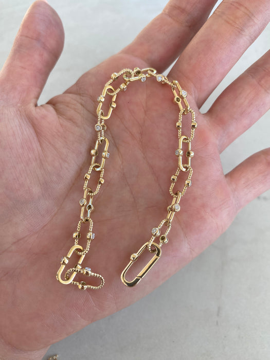 14K Solid Gold Croissant Paperclip Diamond Bracelet