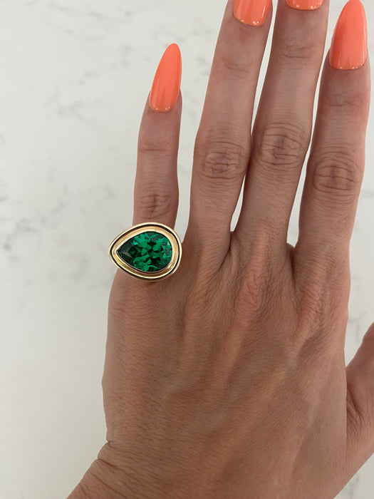 14K Gold Bezel-Set Lab Emerald Pear Pinky Ring