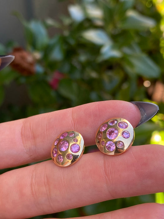 14K Gold Pink Flush Set Button Sapphire Stud Earrings