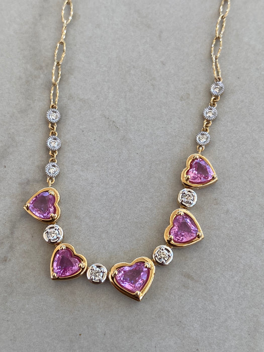 14K Gold Pink Sapphire Heart & Diamond Paperclip Necklace – 2.20 TCW Pink Sapphires