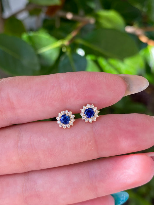 14k blue sapphire diamond halo stud earrings