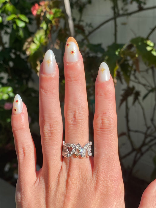 Vintage 18K White Gold Diamond Love Ring with Rose Gold Heart