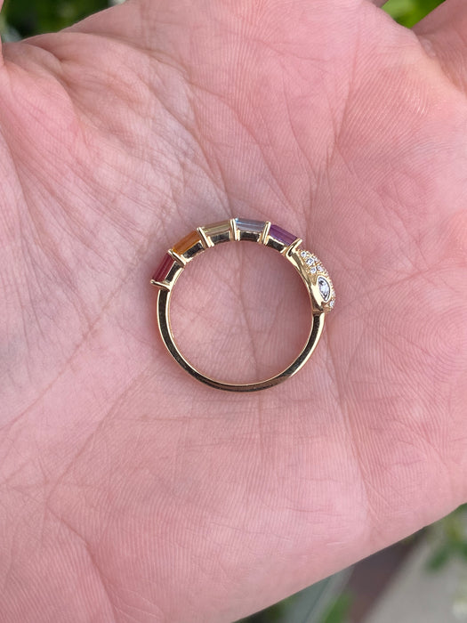 14K Gold Rainbow Gemstone & Diamond Snake Ring (Size 7)