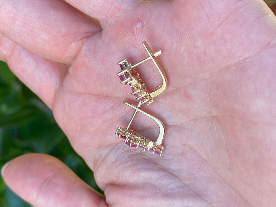 14K Gold Ruby & Pink Sapphire & Diamond Huggie Earrings