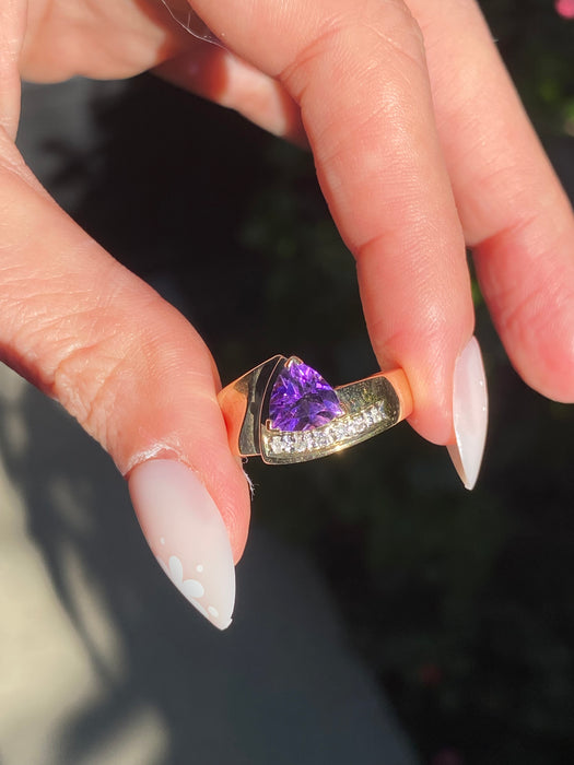 Vintage 14K Gold Trillion Amethyst Diamond Ring – Size 6.5