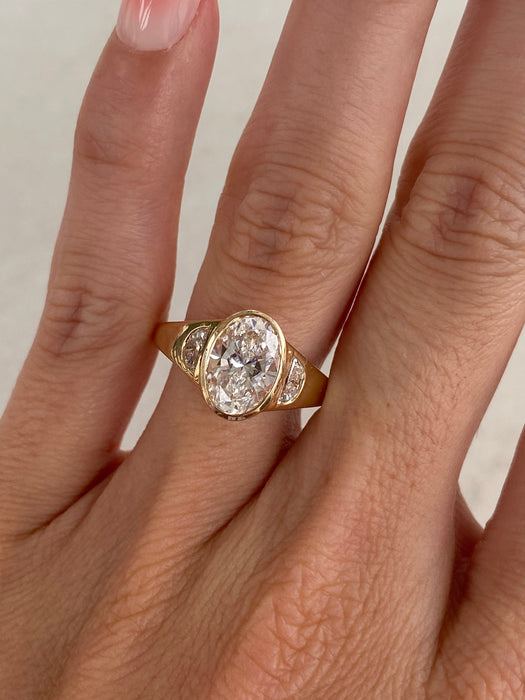 14K Gold 2.42 Carat Oval Lab Diamond Ring with Flush Half-Moon Accents