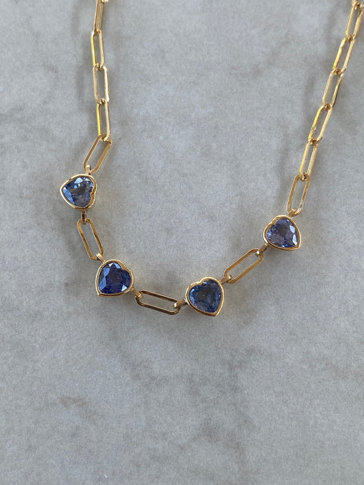 14K Gold Blue Sapphire Heart Paperclip Necklace