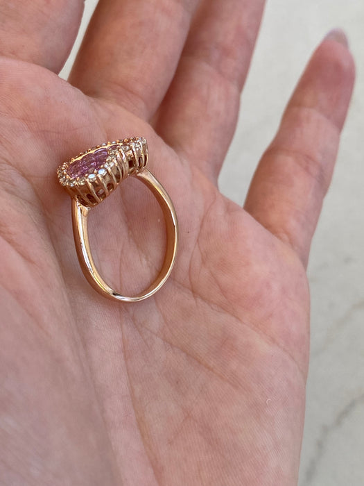 Vintage 18K Rose Gold Pink Sapphire & Diamond Heart Ring