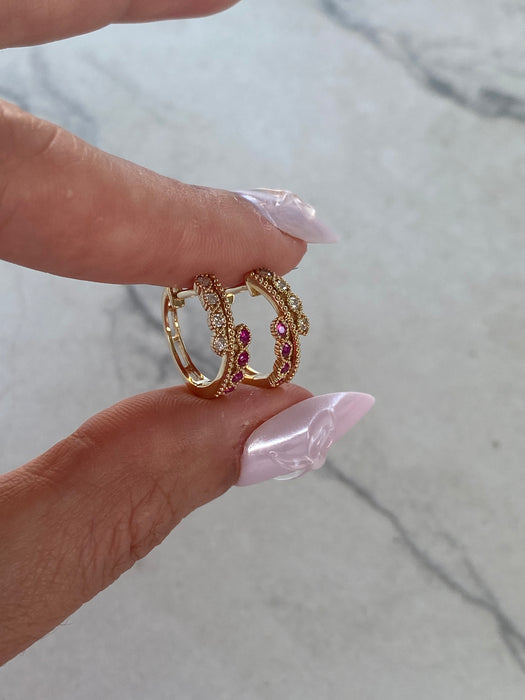 14K Gold Ruby & Diamond Huggie Earrings