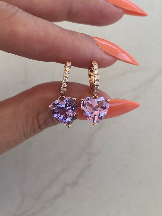 18K Rose Gold Amethyst Heart & Diamond Huggie Earrings | 5.2 CTW Amethyst