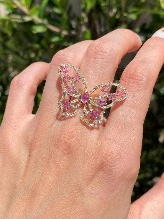 18K Gold Pink Sapphire Diamond Butterfly Ring
