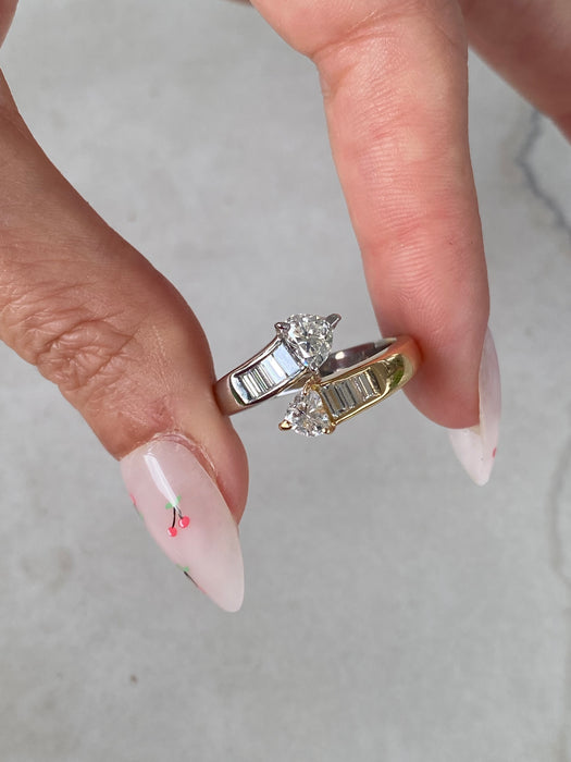 Vintage 18K Gold & Platinum Natural Heart Diamond Bypass Ring