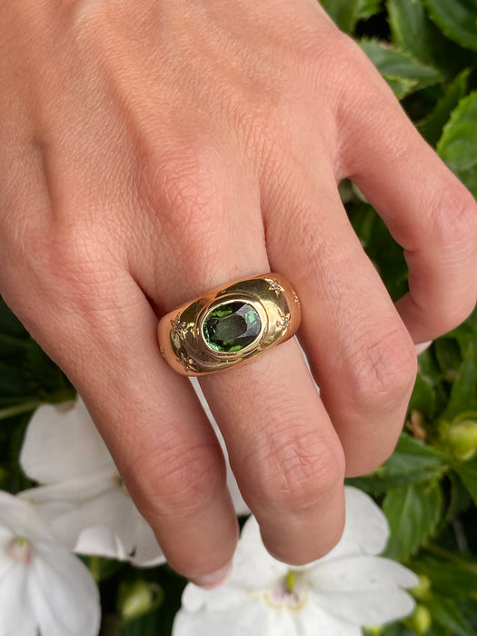 14K Green Tourmaline & Diamond Star Bombe Ring