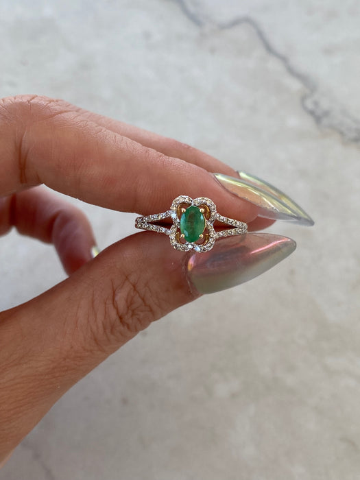 14K Natural Emerald & Diamond Two-Tone Ring