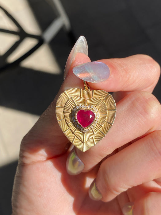 14K Natural Ruby & Diamond Fluted Heart Charm