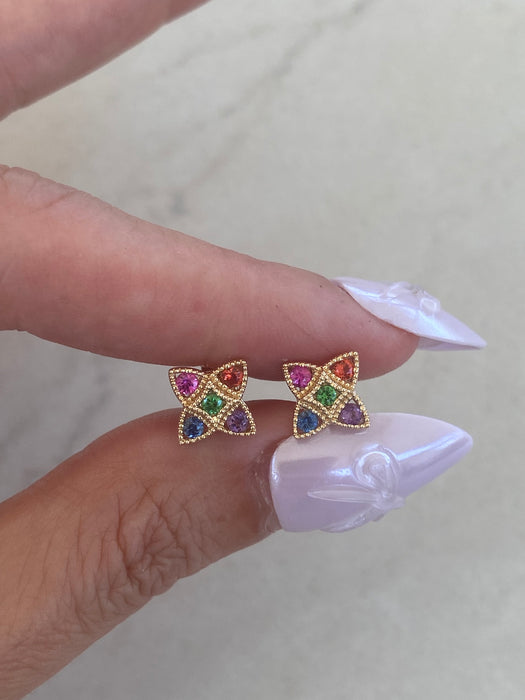 14K Rainbow Gemstone Clover Stud Earrings | Sapphire, Amethyst & Tsavorite