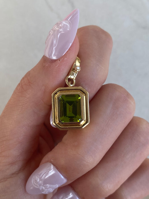 14K Natural Emerald Cut Peridot & Diamond Charm