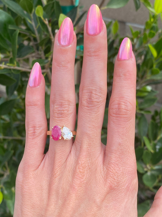 14K Gold Ruby & Pear Diamond Ring – 1 Carat Oval Ruby, 1 Carat Pear Lab Diamond, Size 4.75
