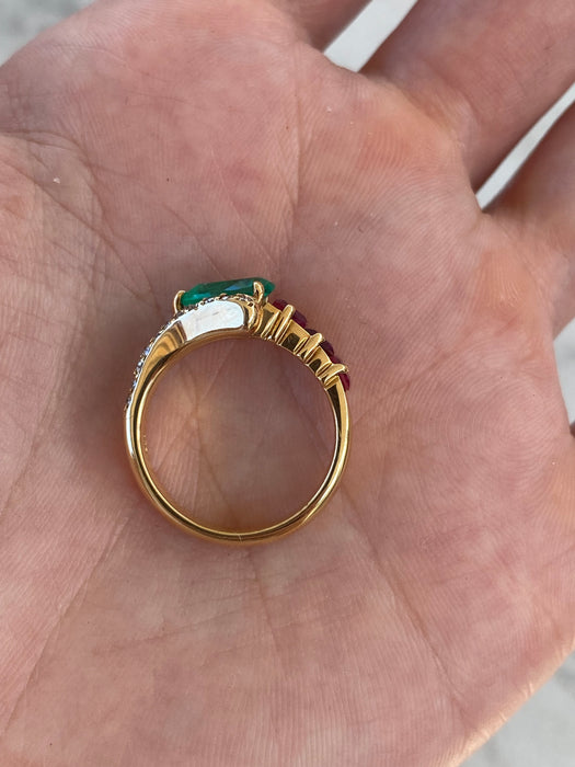 Vintage 18K Emerald, Ruby & Diamond Ring