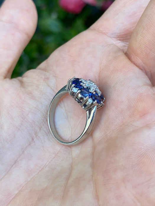 Platinum 850 blue sapphire diamond star snowflake ring size 6.5