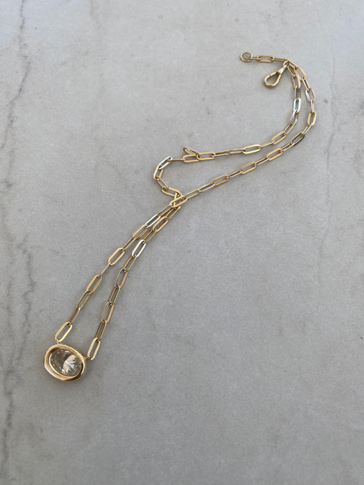 14K Gold Paperclip Necklace with 3 Carat East-West Oval Lab Diamond