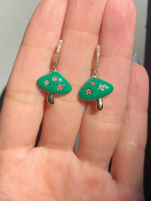 14k green enamel diamond mushroom huggie earrings